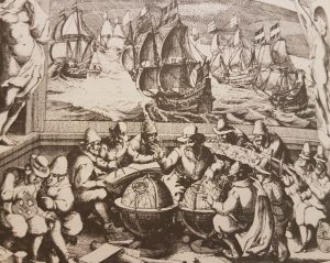 Navigatieles. Uit Willem Jansz. Blaeu 'Licht der zee-vaert'. Amsterdam 1620. Te zien zijn een astrolabium en meerdere passers