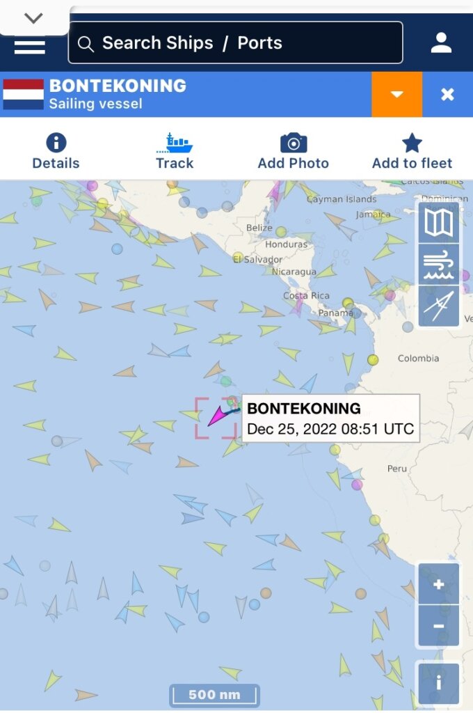 Positie van het schip op 25 december waarop een bemanningslid om het leven is gekomen op Stille Oceaan